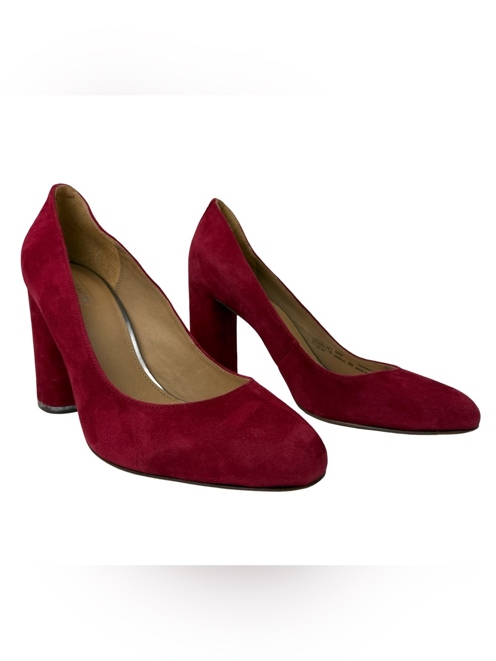 Coach Ophelia Block Heel Pumps Women’s 8 B Scarlet Red Suede Logo Accent Preppy